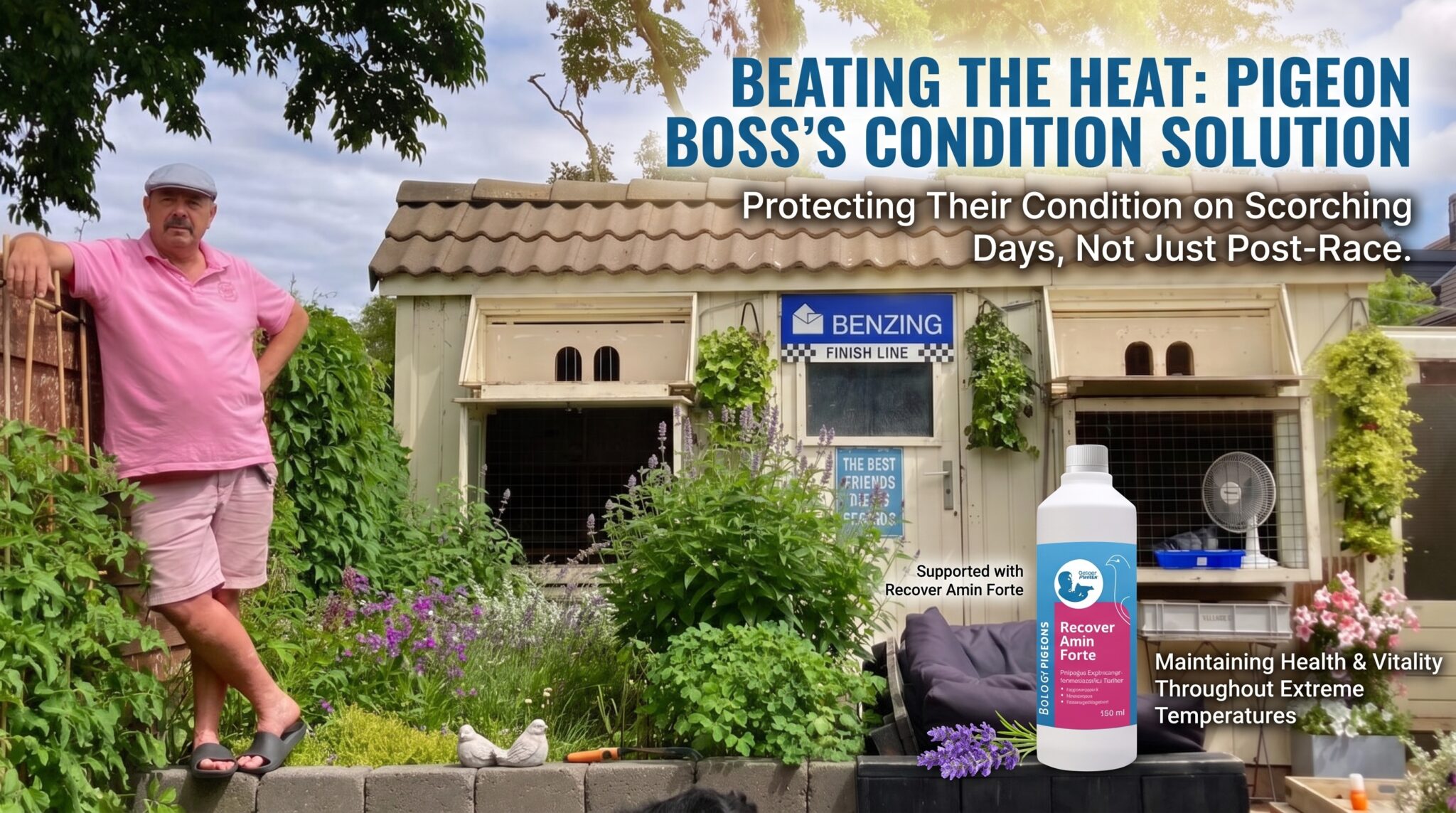 Blog banner featuring a pigeon fancier in a garden next to his pigeon loft, alongside a bottle of Recover Amin Forte supplement and headline text reading Beating The Heat Pigeon Boss's Condition Solution.