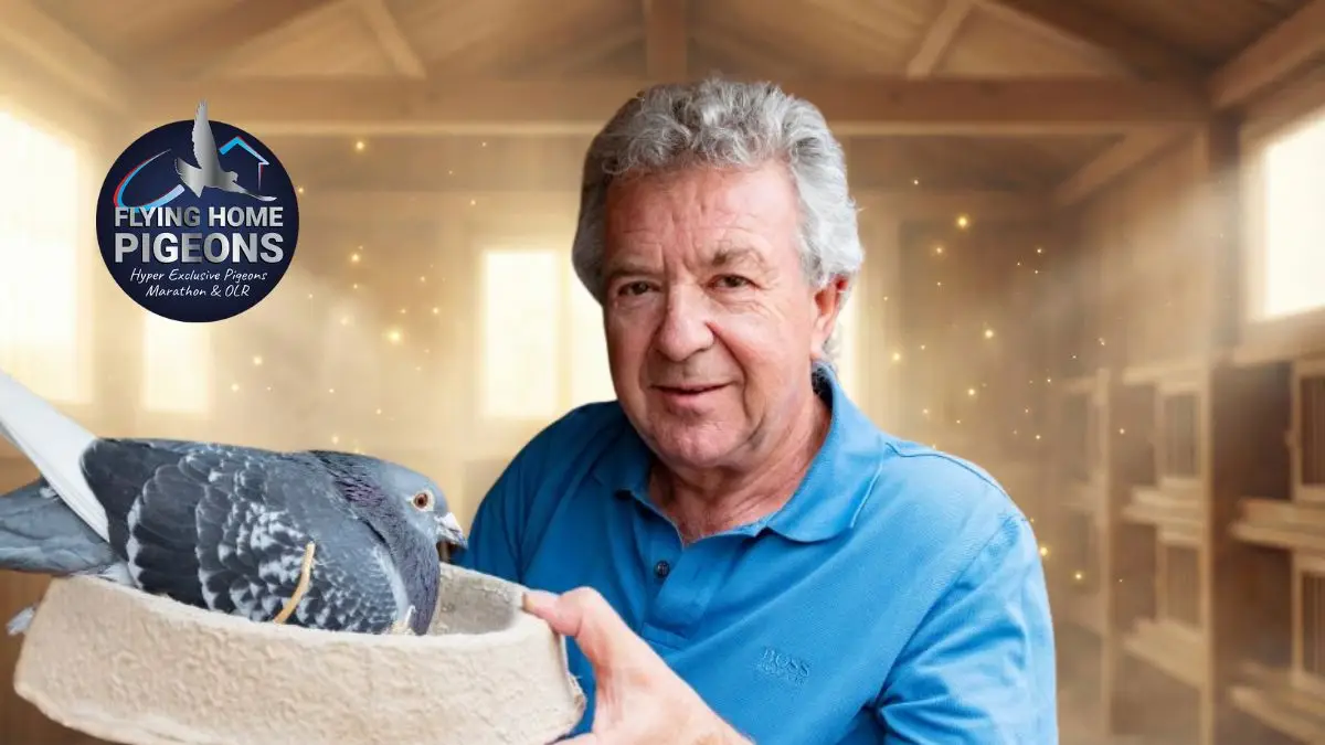 Mat Janssen from Gennep holding a nesting bowl with a dark checkered racing pigeon on his breeding loft.