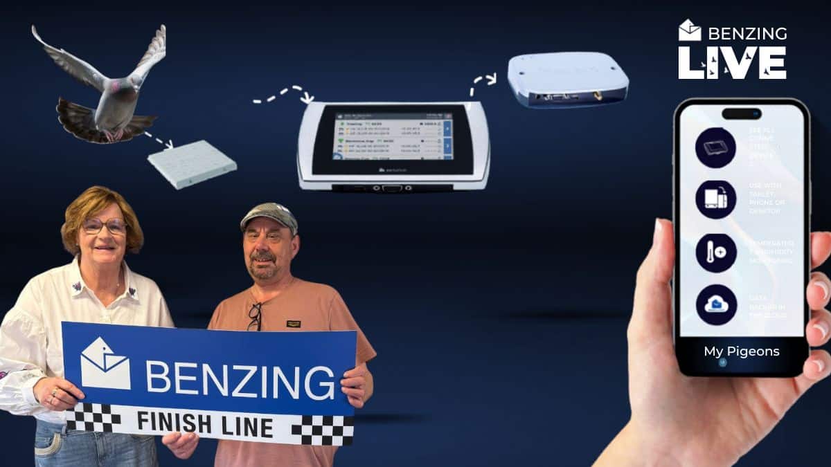 Jan de Wijs, the Pigeon Boss, stands alongside Bep van den Berg from Benzing Netherlands, proudly displaying a brand new Benzing M2 pigeon timer.