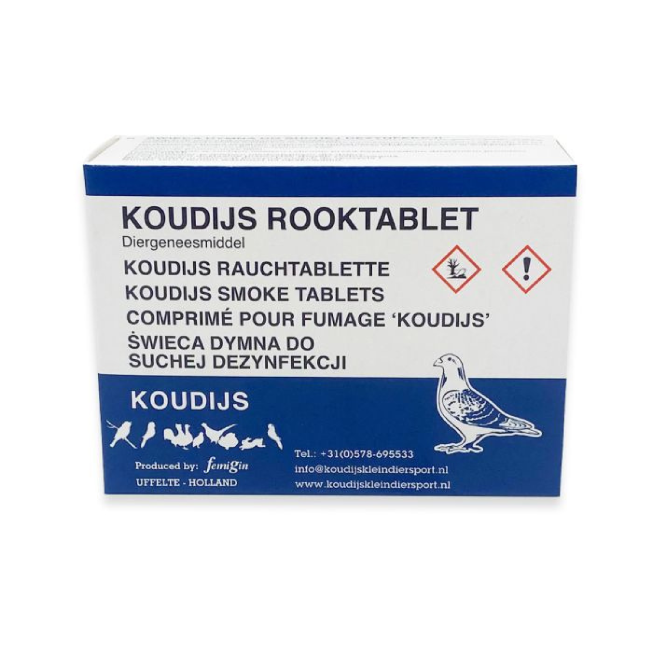 Koudijs Smoke Tablets box for pigeons and poultry, a powerful loft conditioning and air purifying treatment to ensure clear airways and optimal respiratory health for racing pigeons.