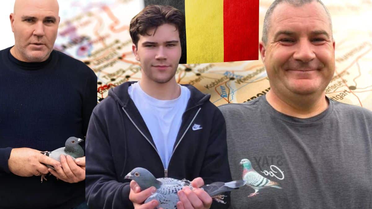 A photograph of the van Win family from Machelen, smiling proudly as they pose together while holding their champion racing pigeons. The family members, including founder Ludwig and his sons, are standing outdoors next to the racing lofts, gently cradling the athletic birds in their hands to showcase their excellent condition and strength. The scene captures a genuine moment of multi-generational family passion, pride, and shared success within the pigeon racing sport.