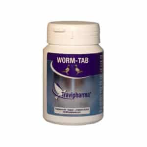 White plastic bottle of Travipharma Worm-Tab (100 tablets) deworming treatment for racing pigeons, featured in the Pigeon Boss Essentials collection.