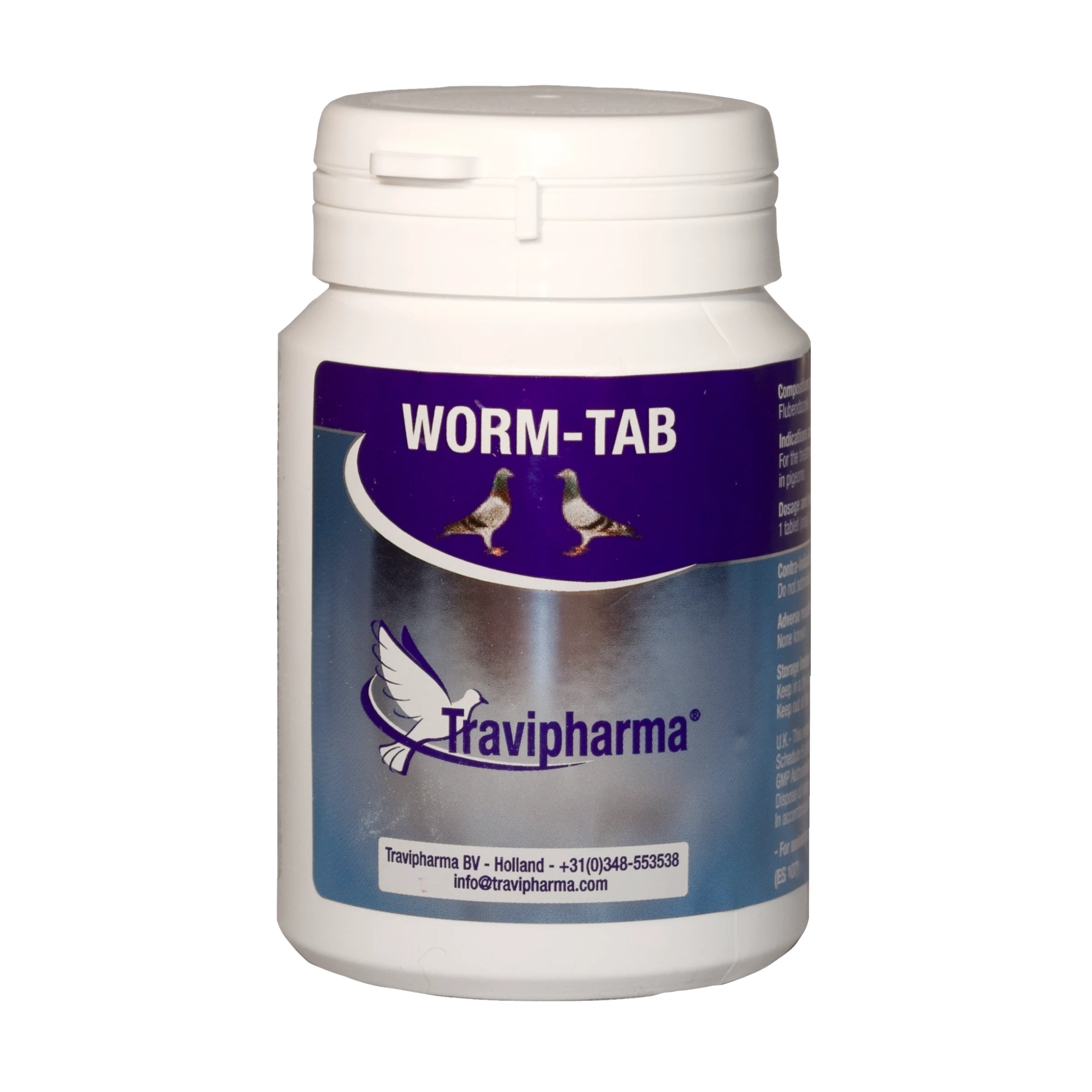 Travipharma Worm-Tab container with 100 tablets, a highly effective deworming treatment for racing pigeons to support optimal health and peak performance.