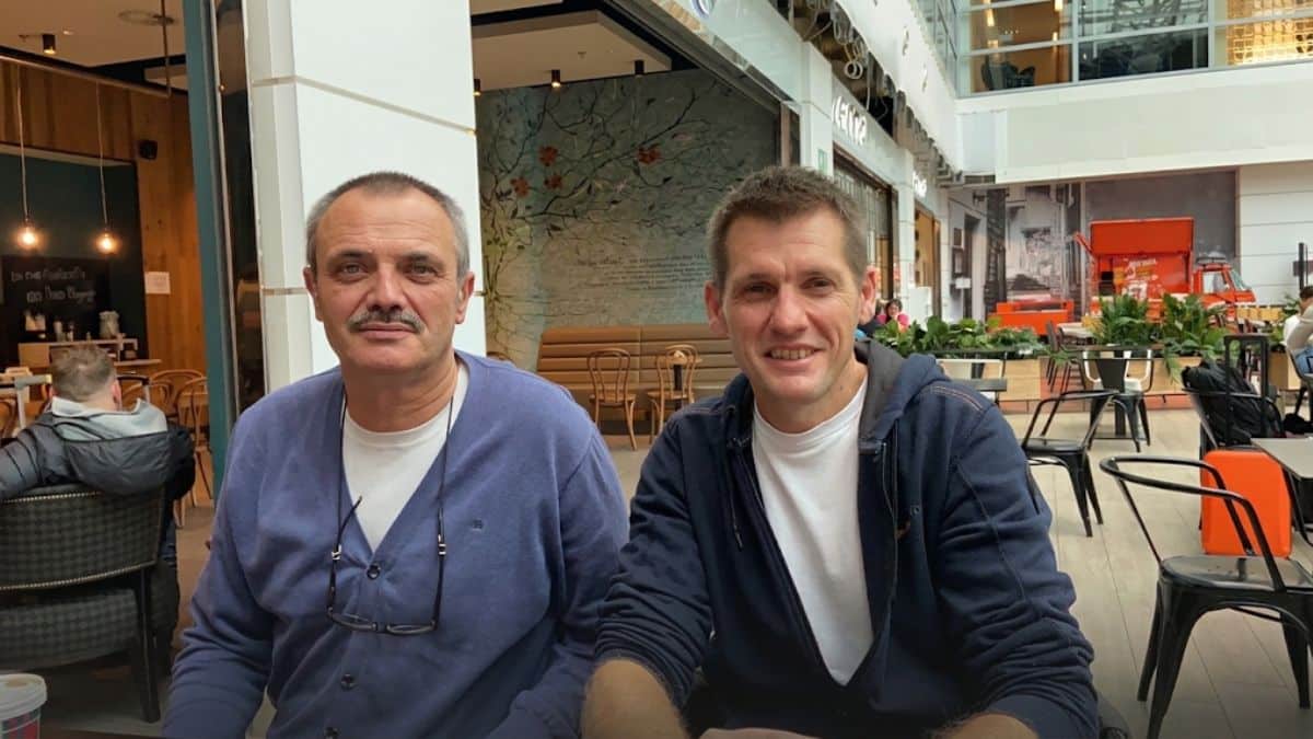 Pigeon racing champions Patrick Boeckx and Nick Thys of the Iron Sagan Team sitting together