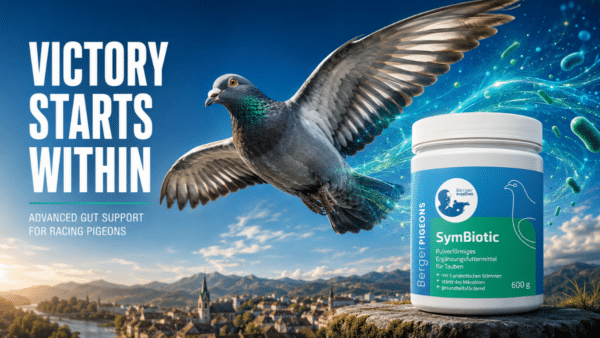 SymBiotic probiotic supplement beside a champion racing pigeon, surrounded by five probiotic culture illustrations and the message “Powered by Five Probiotic Cultures.”