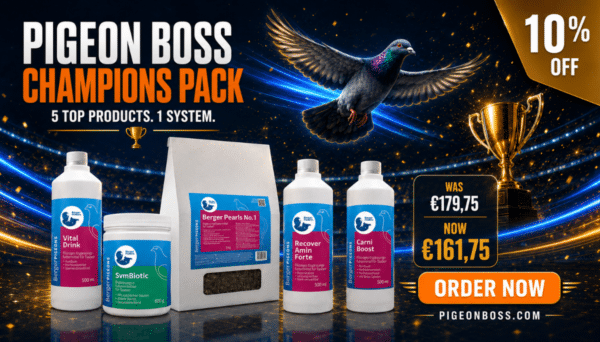 Pigeon Boss Champions Pack with five Berger pigeon products, a racing pigeon and gold trophy, now €161,75 with 10% off.