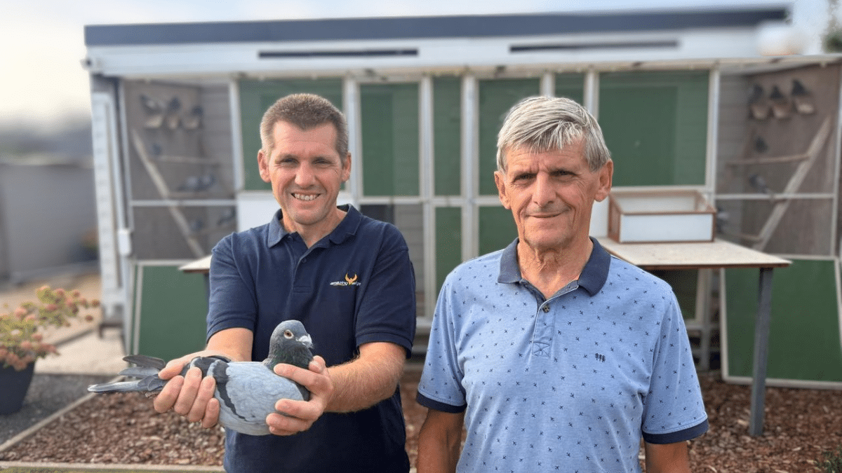 Nick and Roger Thys with a racing pigeon in front of their pigeon loft in Hallaar, Belgium