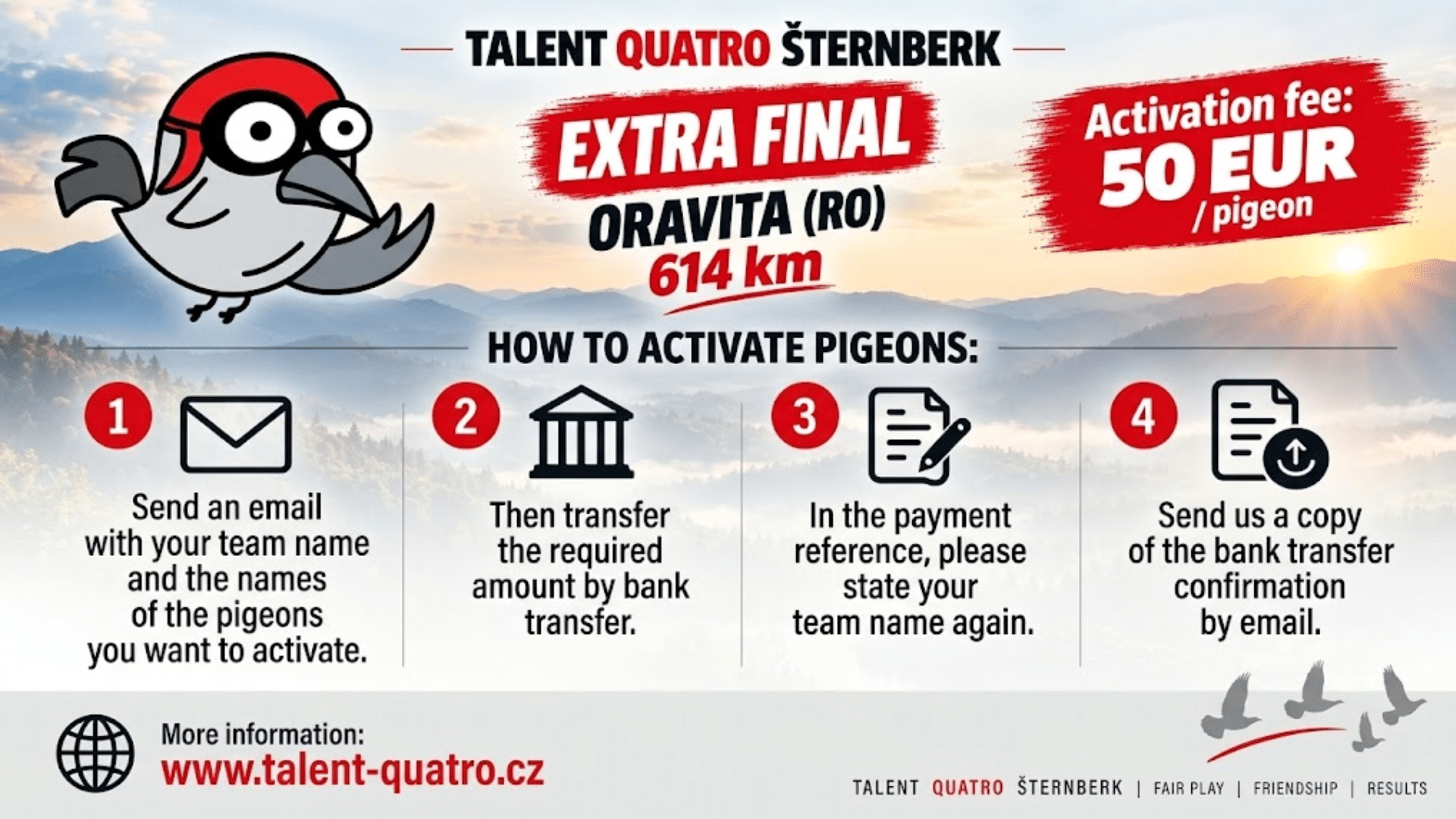 Infographic banner for the Talent Quatro Šternberk Extra Final from Oravita (614 km) showing a 4-step guide to activate pigeons for a 50 euro fee per bird.